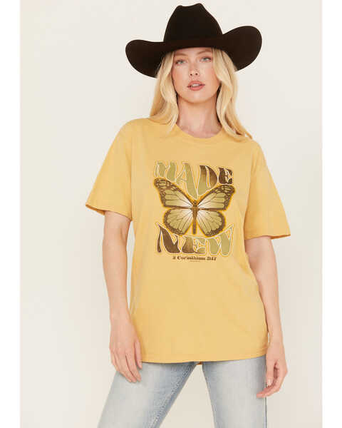 Image #1 - Kerusso Women's Made New Butterfly Graphic Tee, Mustard, hi-res