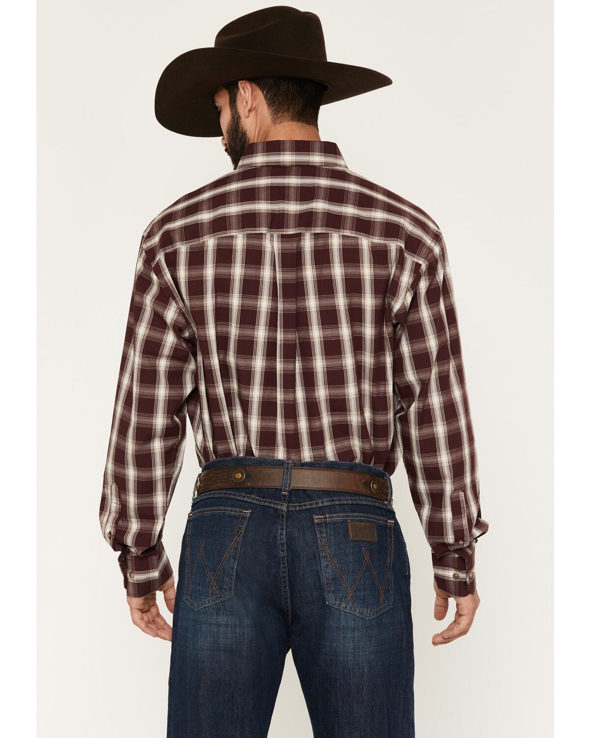 Image #4 - George Straight by Wrangler Men's Plaid Print Long Sleeve Button-Down Stretch Western Shirt, Burgundy, hi-res