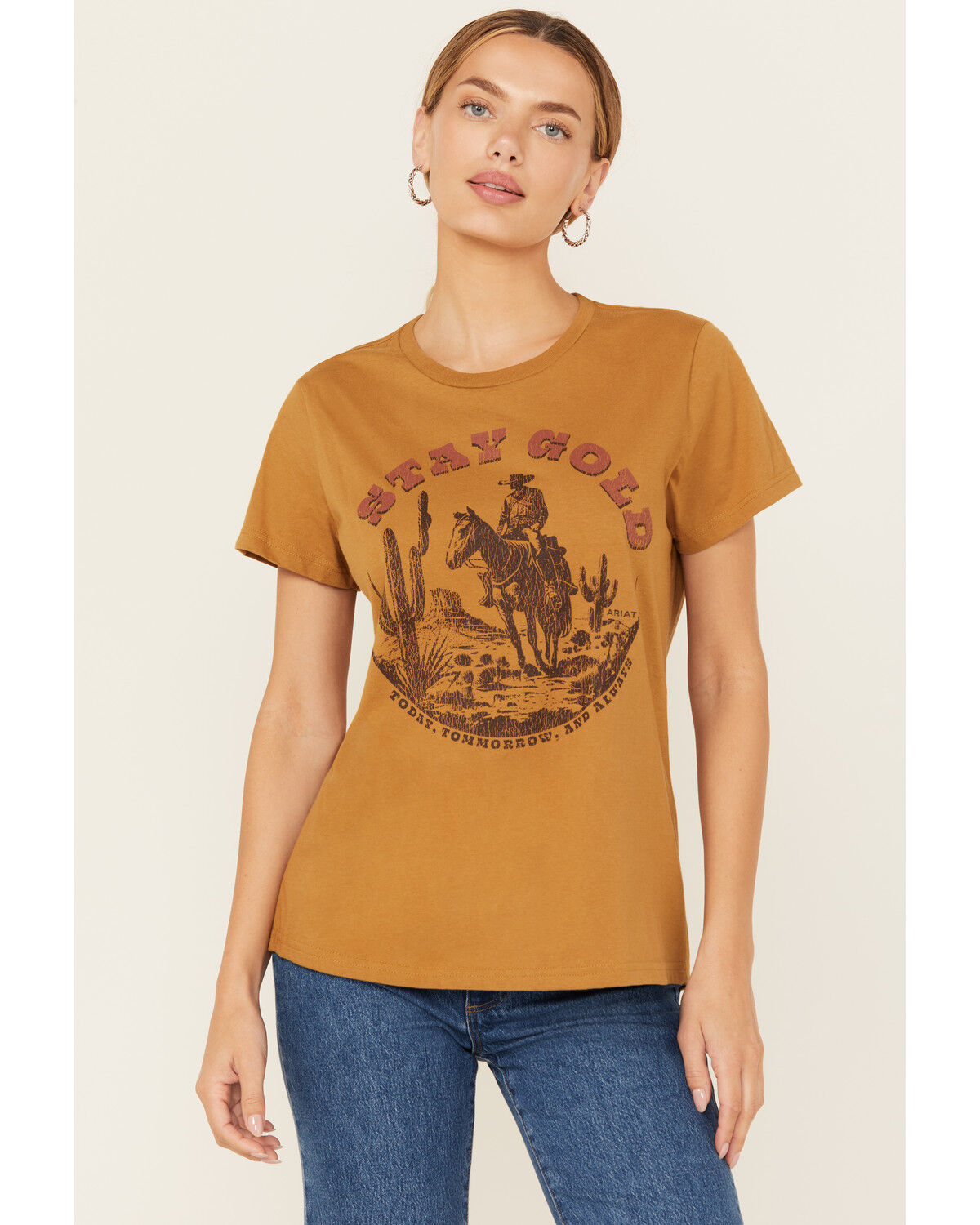 Image #1 - Ariat Women's Gold Cowboy Short Sleeve Graphic Tee, Gold, hi-res