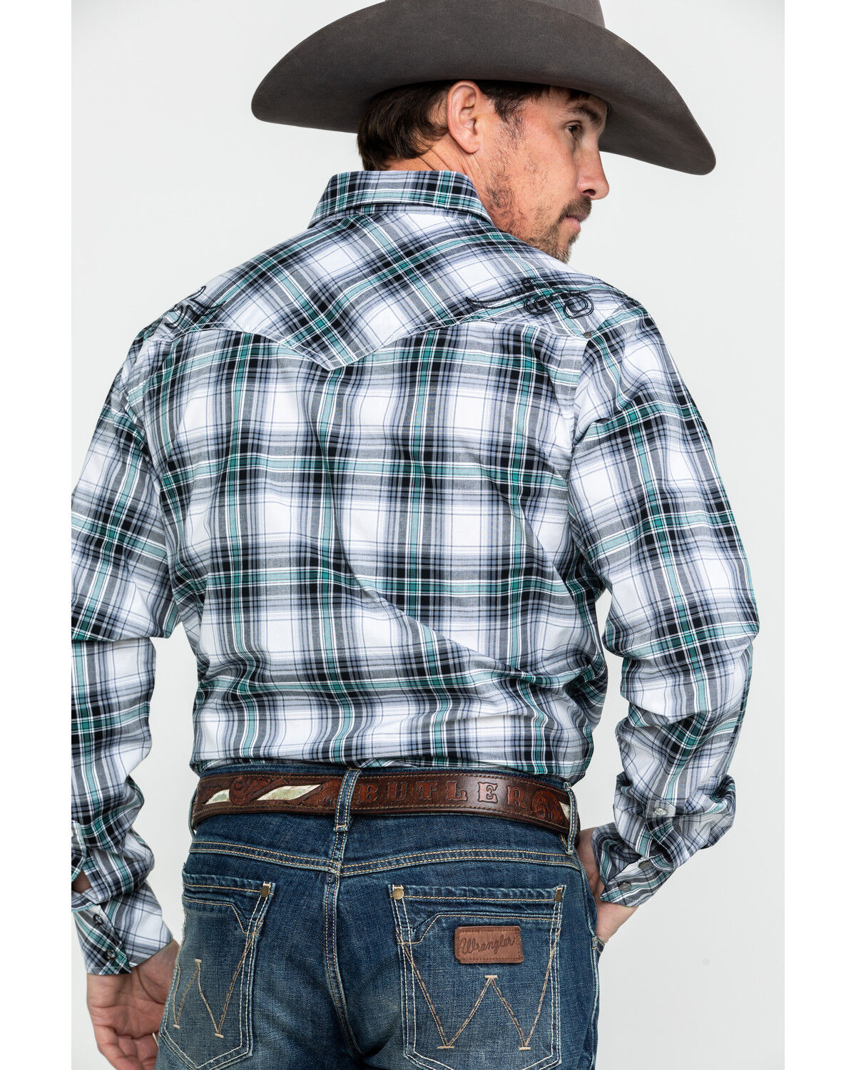 Image #2 - Rock 47 By Wrangler Men's Black Embroidered Plaid Long Sleeve Western Shirt  , , hi-res