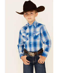 Ely Walker Boys' Blue & White Plaid Long Sleeve Snap Western Shirt , Blue, hi-res