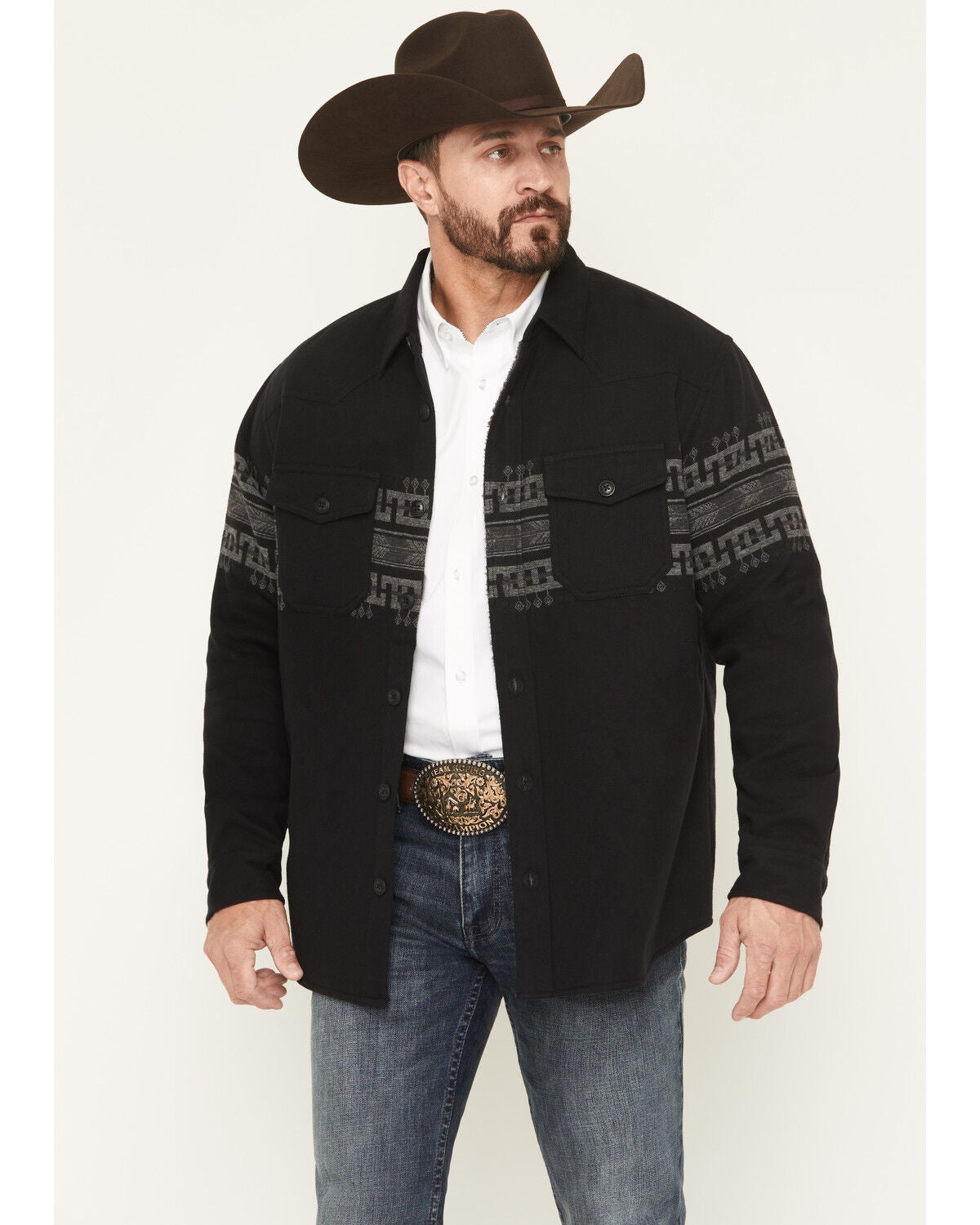 Cody James Men's Southwestern Border Print Sherpa Lined Flannel Shirt Jacket, Black, hi-res