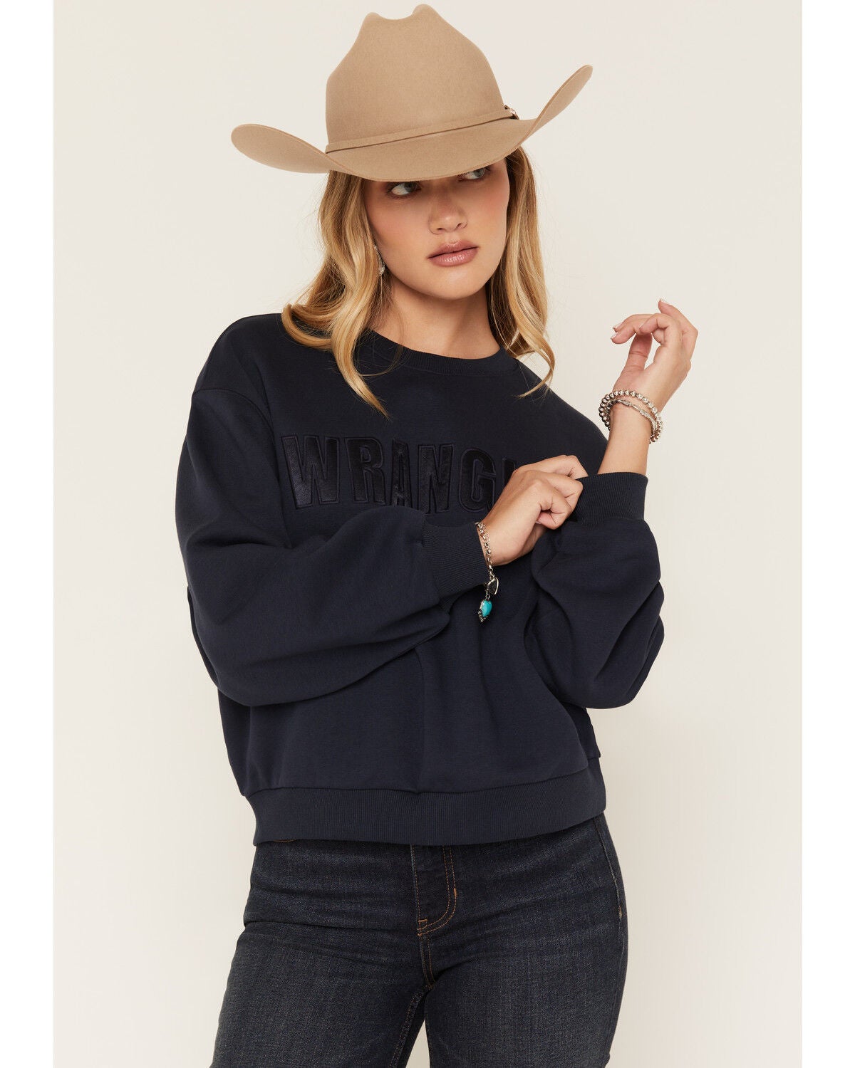 Wrangler Retro Women's Satin Logo Embroidered Crewneck, Navy, hi-res