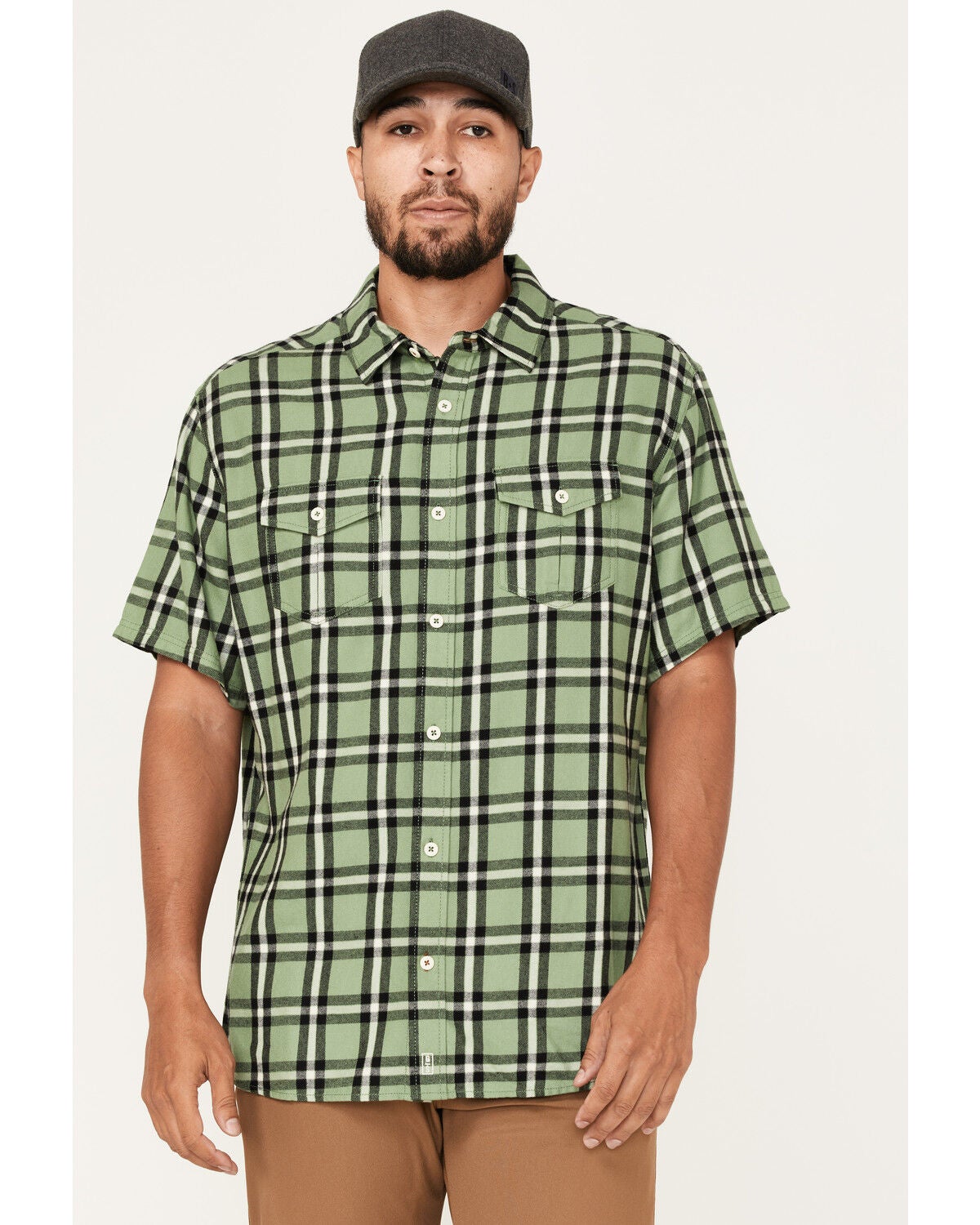 Brothers and Sons Men's Casual Plaid Short Sleeve Button Down Western Shirt, Light Green, hi-res