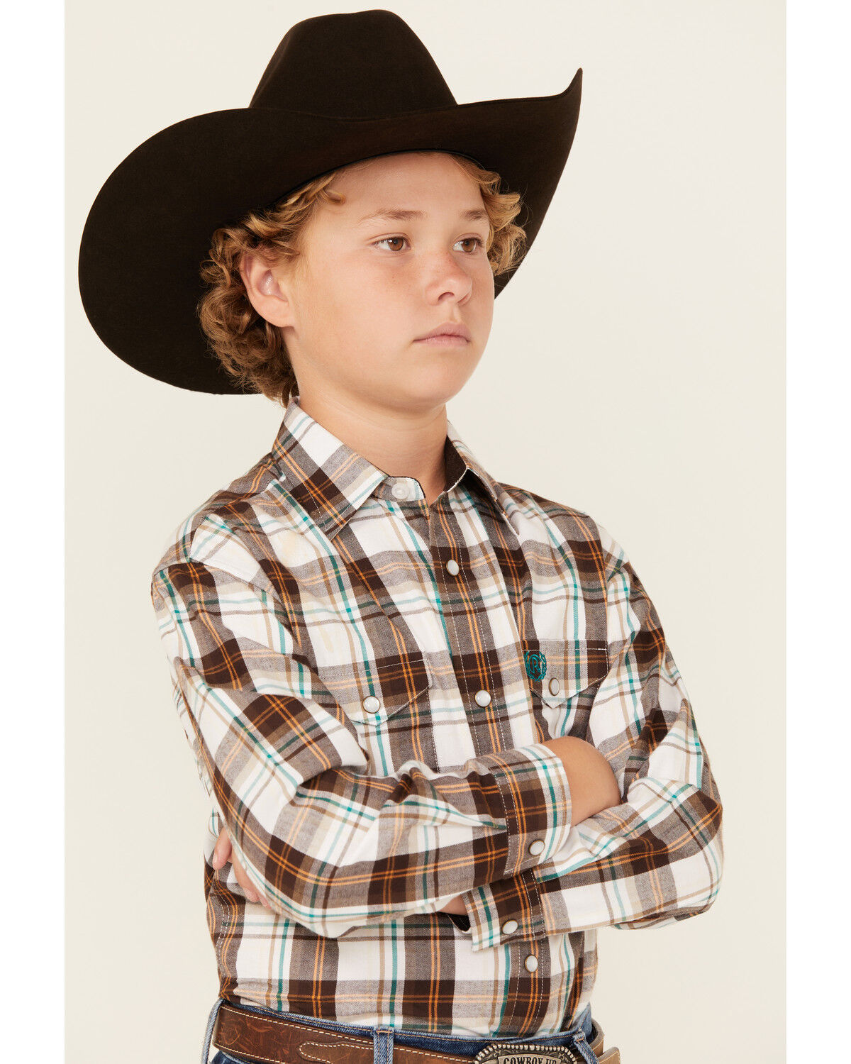 Image #2 - Panhandle Boys' Plaid Print Long Sleeve Pearl Snap Western Shirt, Brown, hi-res