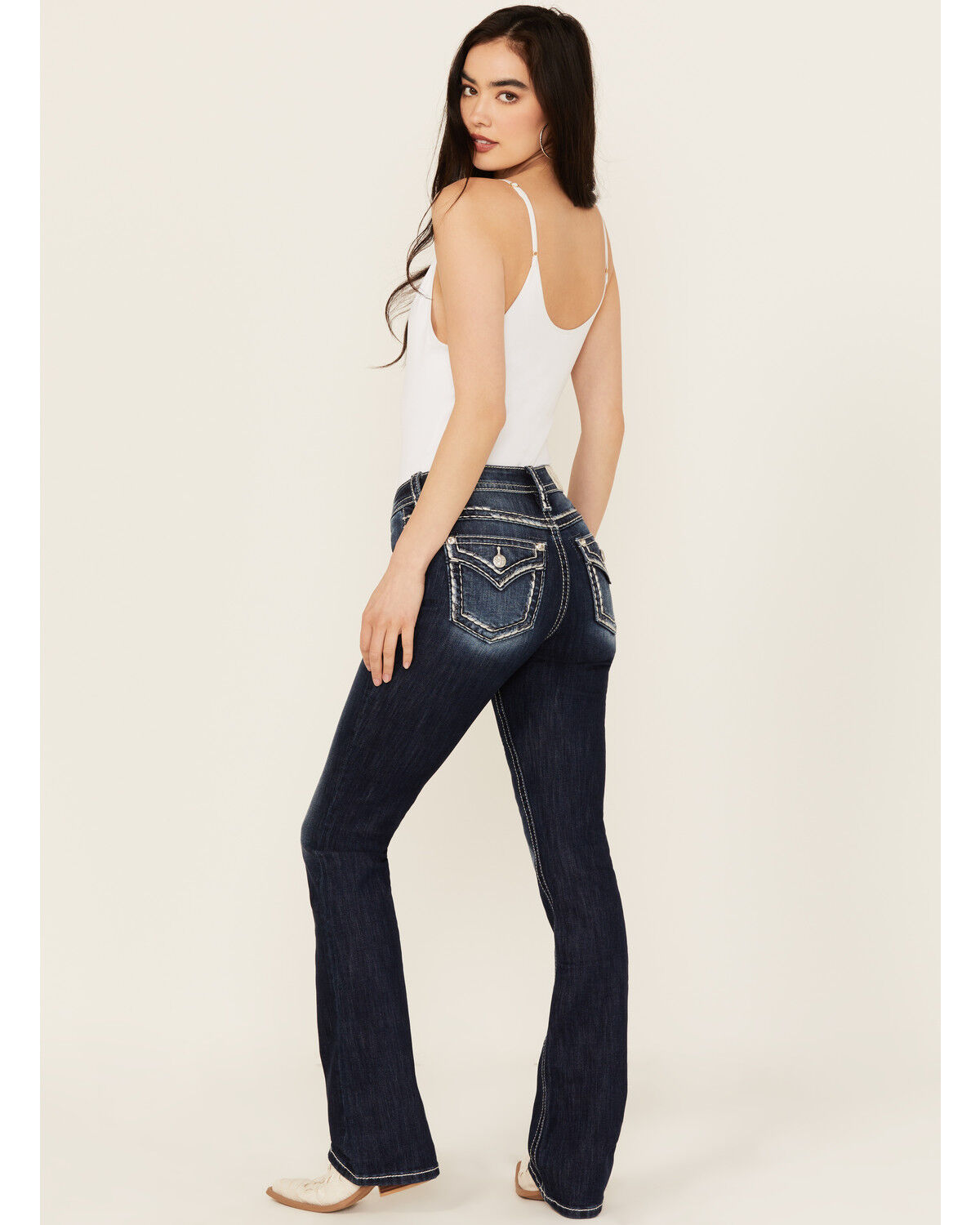 Image #1 - Miss Me Women's Dark Wash Mid Rise Bootcut Stretch Denim Jeans, Dark Wash, hi-res