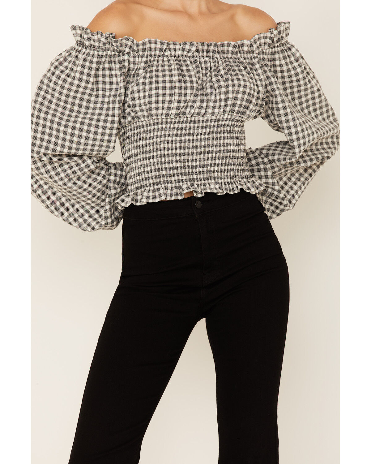 Image #3 - Beyond The Radar Women's Checkered Long Sleeve Crop Peasant Top, Black/white, hi-res