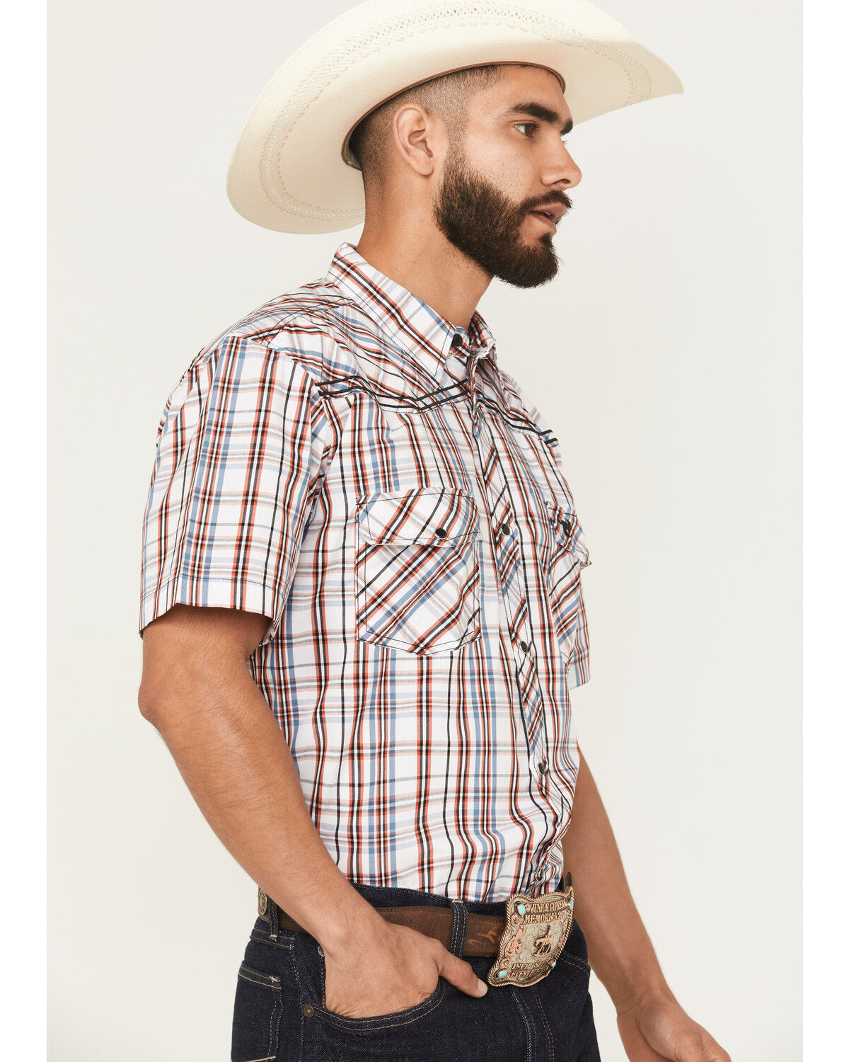 Image #2 - Cowboy Hardware Men's Austin Plaid Print Short Sleeve Snap Western Shirt, Orange, hi-res