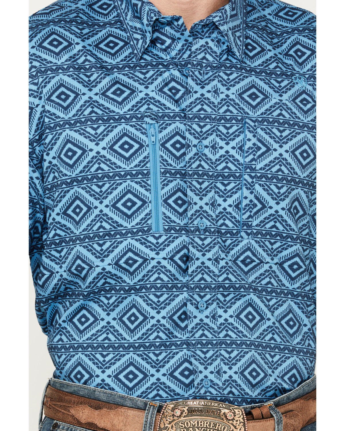Image #3 - Ariat Men's VentTEK Geo Print Classic Fit Short Sleeve Shirt, Blue, hi-res