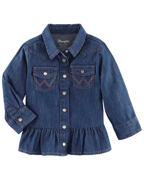 Image #1 - Wrangler Infant Girls' Dark Wash Denim Long Sleeve Western Shirt, Dark Wash, hi-res