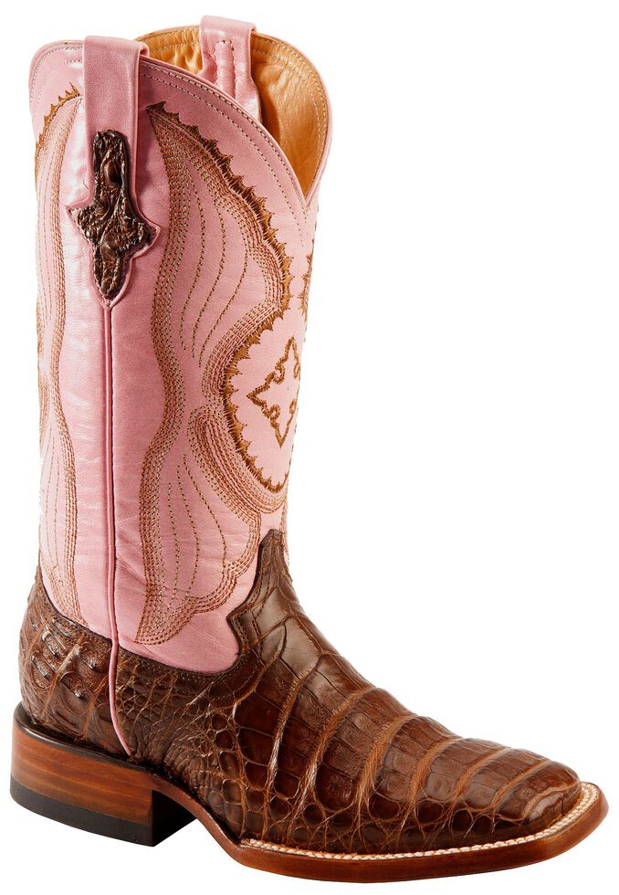 Ferrini Blush Pink Caiman Belly Cowgirl Boots - Wide Square Toe, Chocolate, hi-res