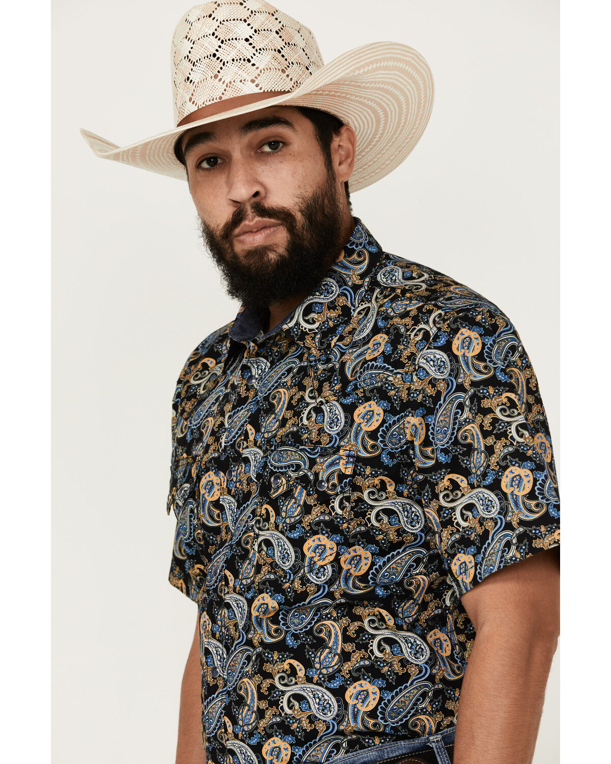Image #2 - Cody James Men's 18 Carat Paisley Print Short Sleeve Snap Western Shirt, Navy, hi-res