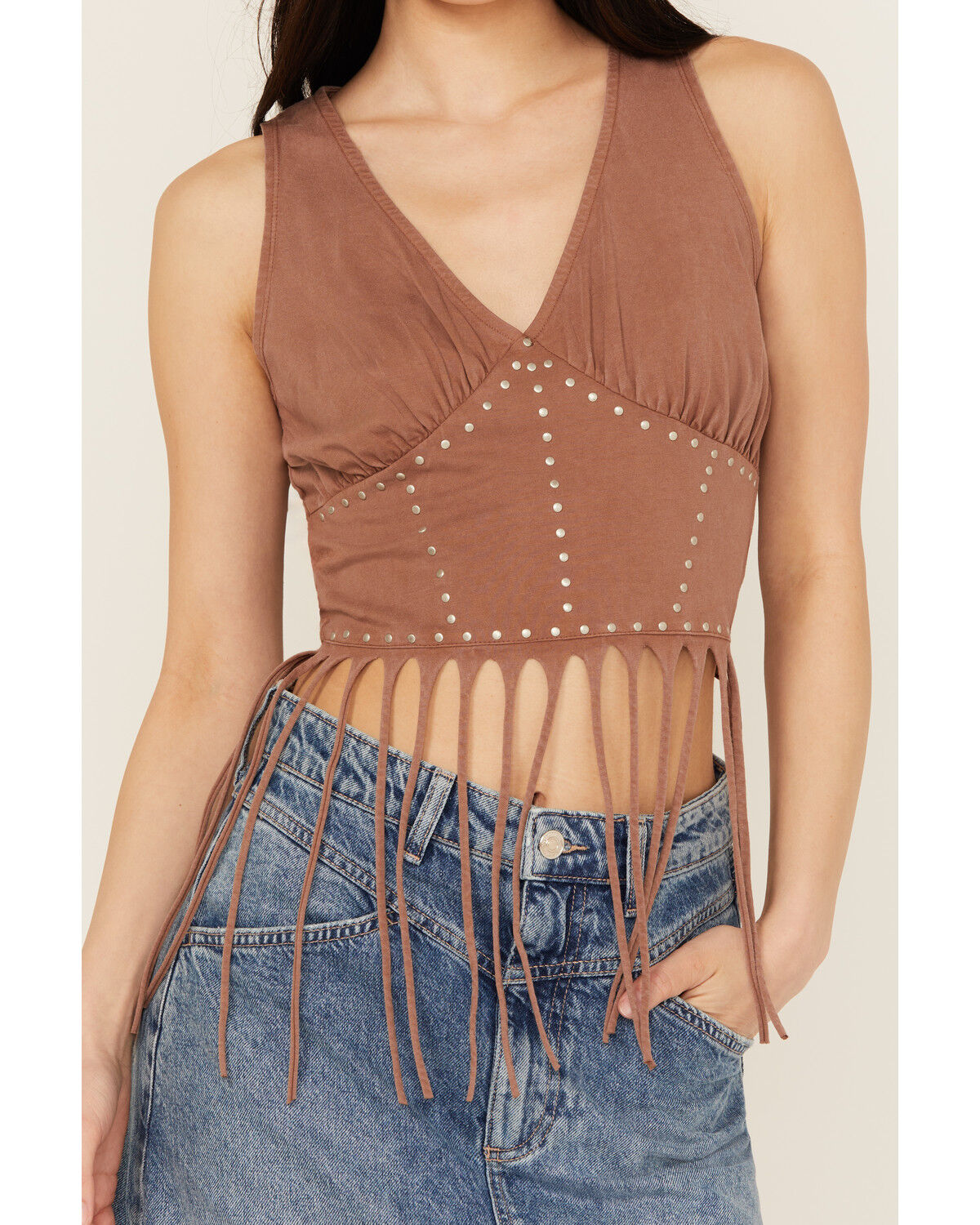 Image #3 - Rock & Roll Denim Women's Studded Fringe Tank, Brown, hi-res