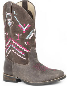 Roper Girls' Hunter Embroidered Suede Cowboy Boots - Square Toe, Brown, hi-res