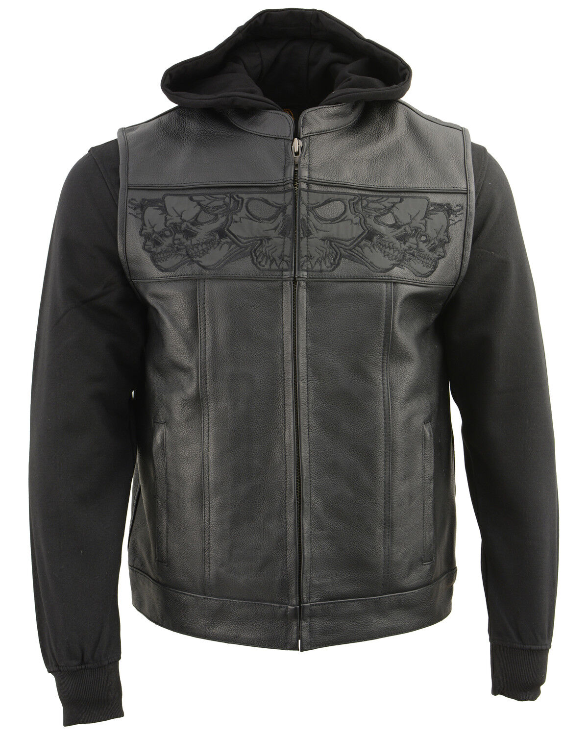 Image #1 - Milwaukee Leather Men's Leather Concealed Carry Vest with Reflective Skulls and Removeable Hoodie, Black, hi-res