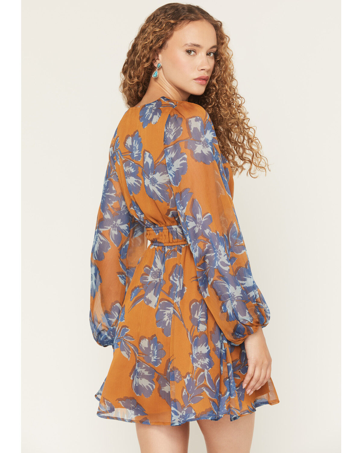 Image #4 - Shyanne Women's Floral Print Long Sleeve Chiffon Mini Dress, Pecan, hi-res