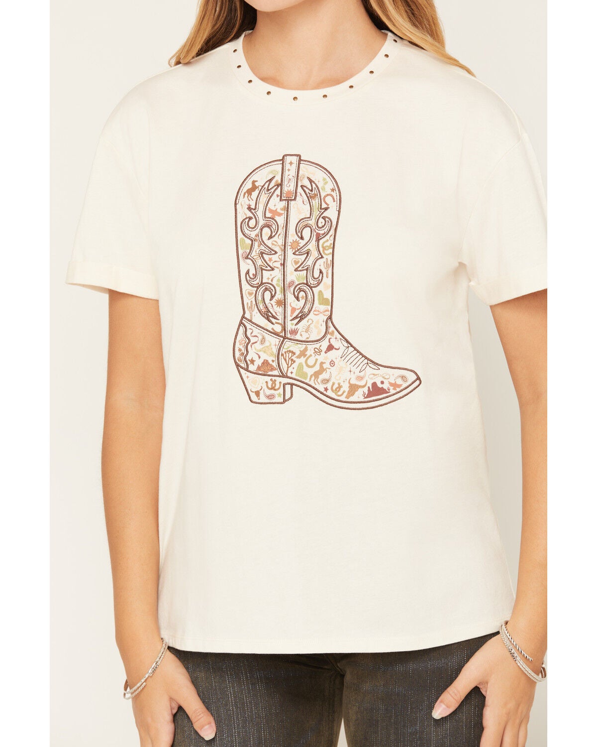 Image #3 - Blended Women's Boot Print Short Sleeve Graphic Tee, Cream, hi-res