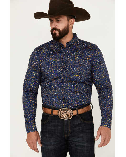 Image #1 - Cody James Men's Meadowlark Floral Print Long Sleeve Button-Down Stretch Western Shirt - Tall , Navy, hi-res