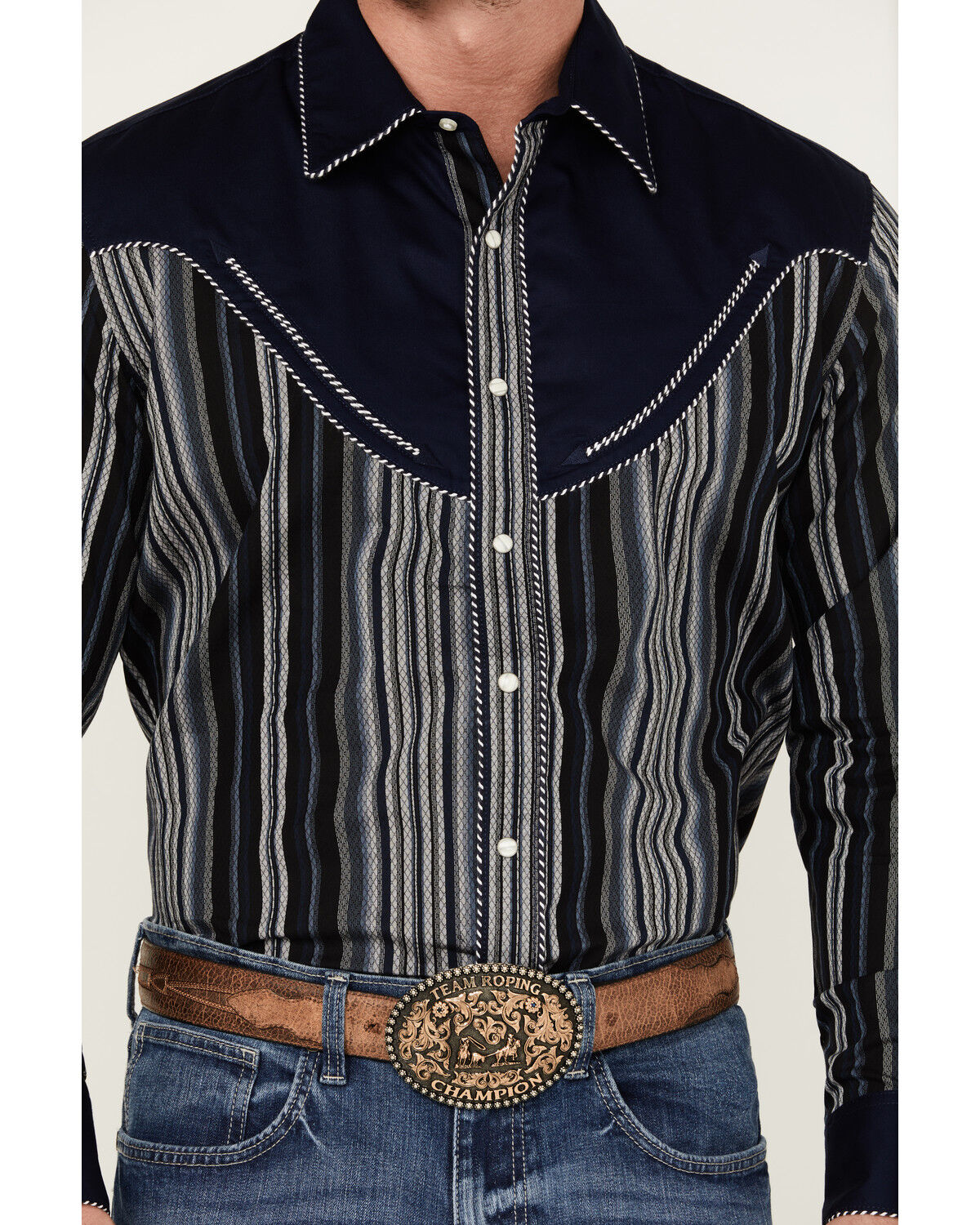 Image #3 - Wrangler Men's Rodeo Ben Striped Long Sleeve Snap Western Shirt, Navy, hi-res