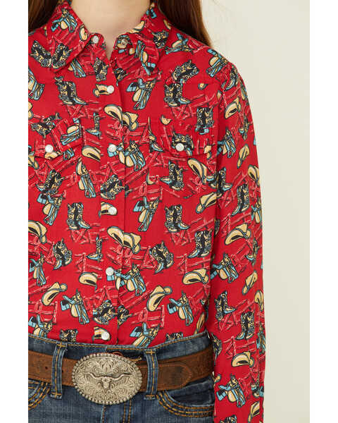 Image #3 - Roper Girls' Boot Scoot Print Long Sleeve Pearl Snap Western Shirt , Red, hi-res