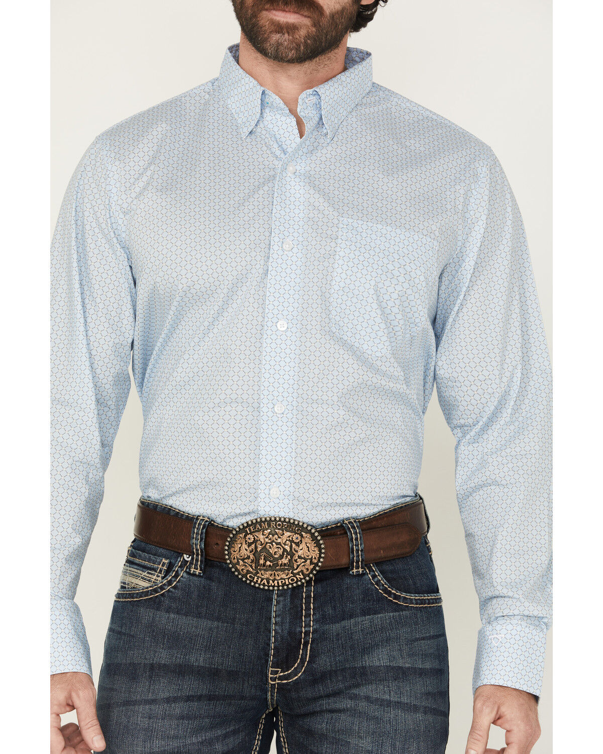 Image #3 - Wrangler x Cody Johnson Men's Geo Print Long Sleeve Button-Down Western Shirt, Blue, hi-res
