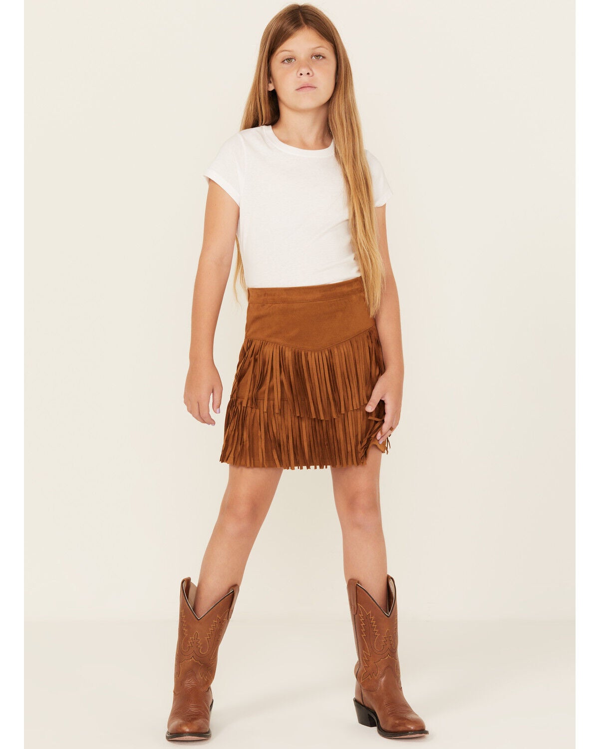 Shyanne Girls' Faux Suede Fringe Skirt, Camel, hi-res
