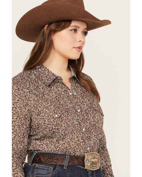 Roper Women's Floral Print Long Sleeve Pearl Snap Western Shirt - Plus, Brown, hi-res