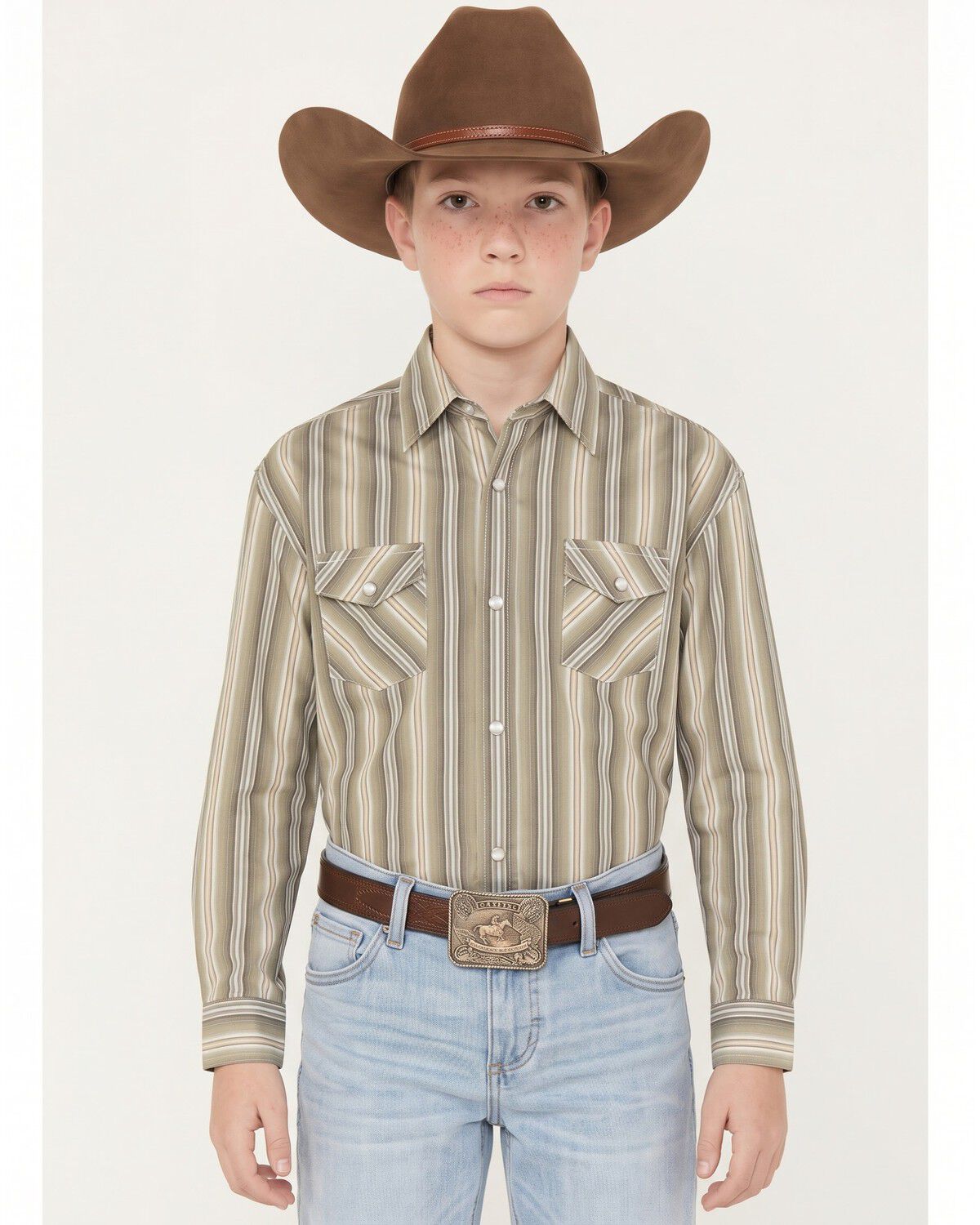 Panhandle Slim Boys' Striped Long Sleeve Pearl Snap Stretch Western Shirt, Olive, hi-res