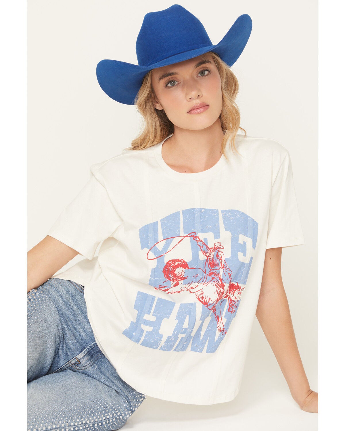 Blended Women's Yee Haw Cowboy Oversized Short Sleeve Graphic Tee, Cream, hi-res