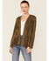 Vocal Women's Dark Olive Tiered Fringe Faux Suede Open-Front Jacket , Olive, hi-res