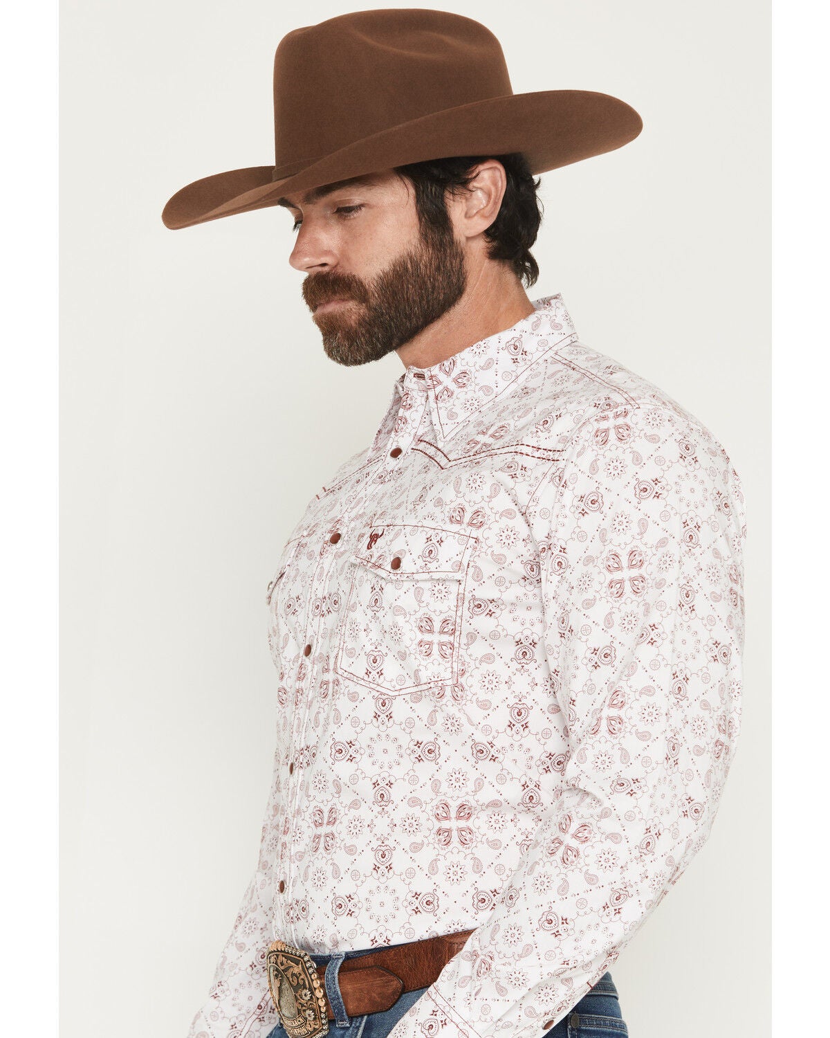 Image #2 - Cowboy Hardware Men's Bandana Print Long Sleeve Snap Stretch Western Shirt, White, hi-res