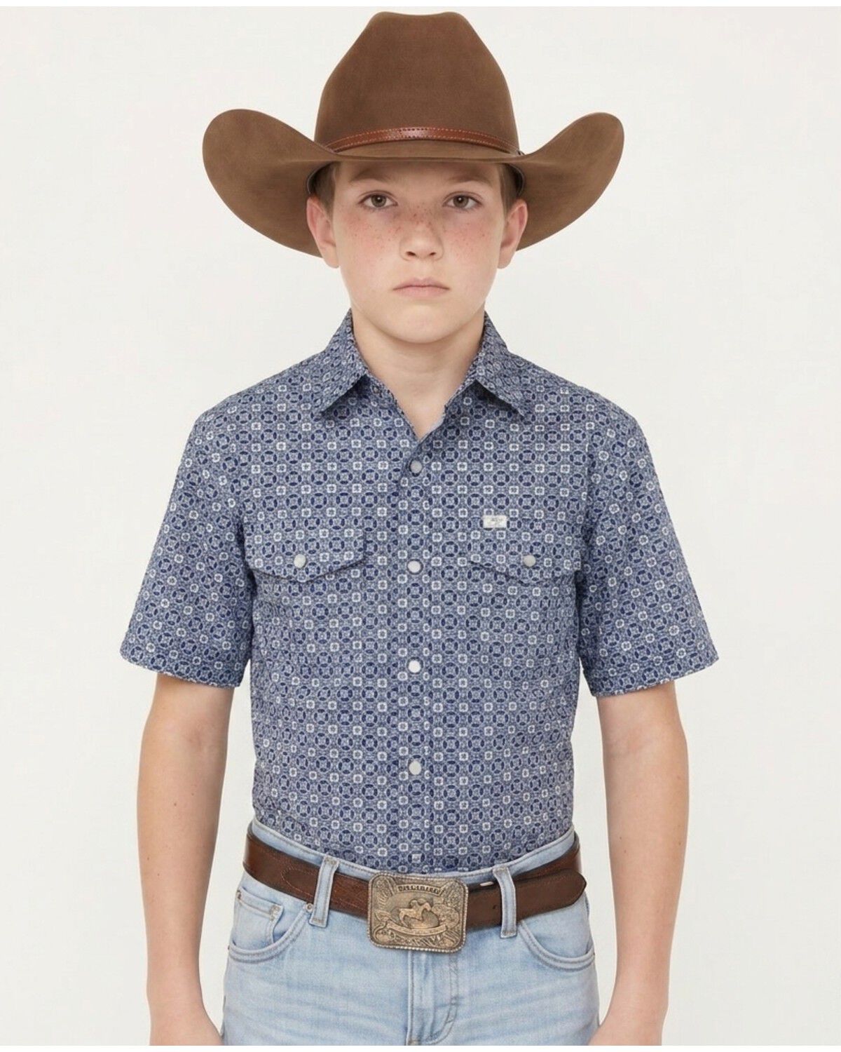 Ferrell Boys' Emmerson TEK Geo Print Short Sleeve Pearl Snap Stretch Western Shirt, Blue, hi-res