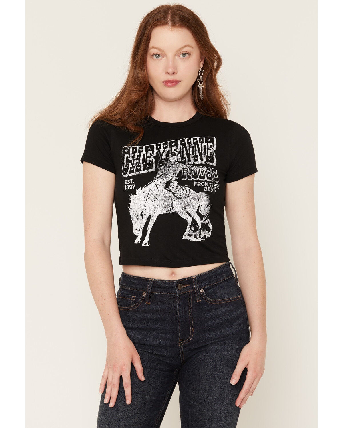 Image #1 - Alpha Collective Women's Cheyenne Rodeo Short Sleeve Baby Tee, Black, hi-res