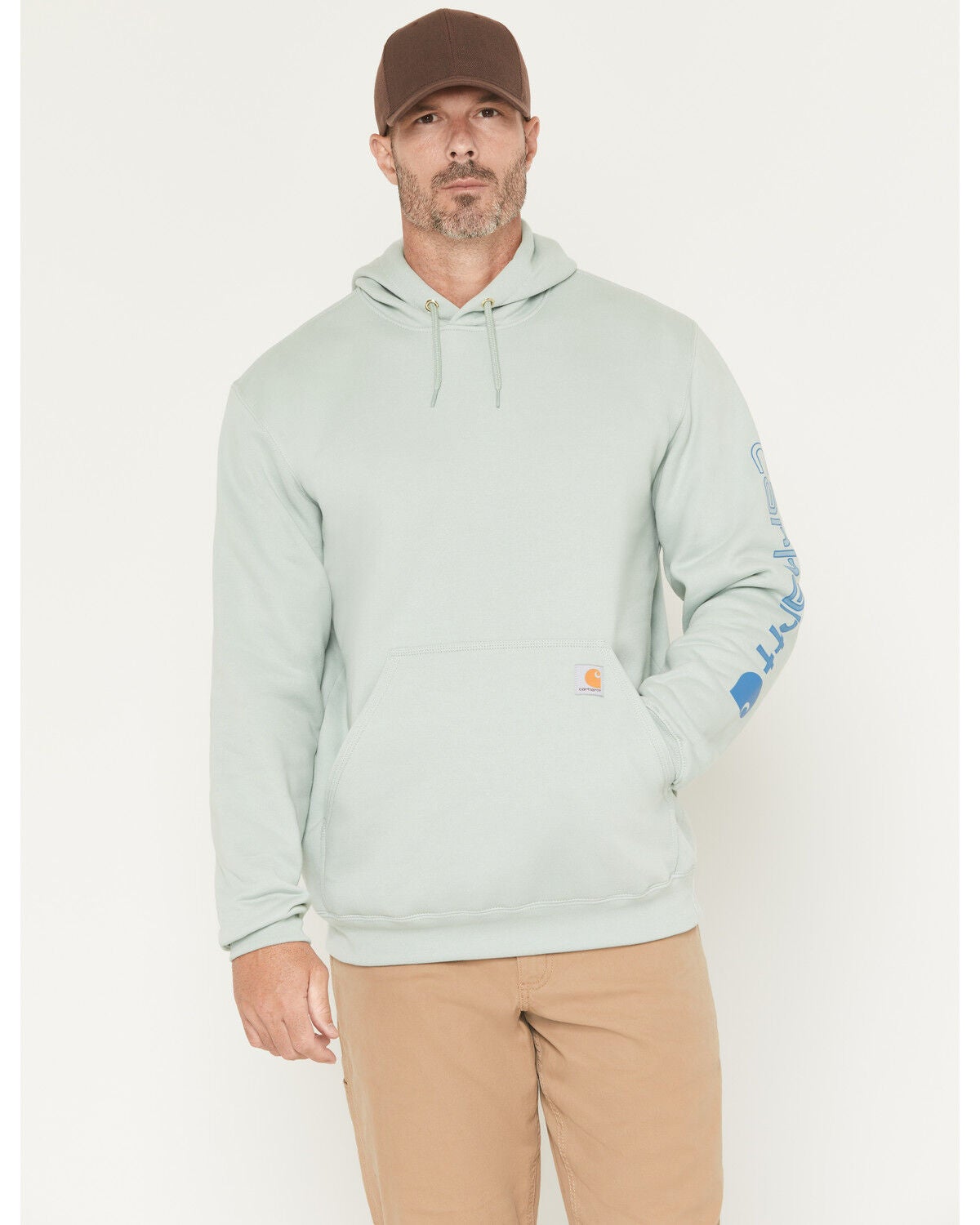 Carhartt Men's Loose Fit Midweight Logo Sleeve Graphic Hooded Sweatshirt, Light Blue, hi-res
