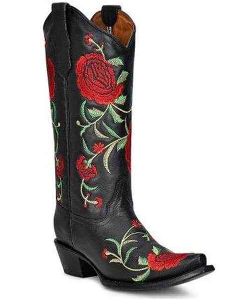Image #1 - Circle G Women's Flowered Embroidery Western Tall Boots - Snip Toe, Black, hi-res