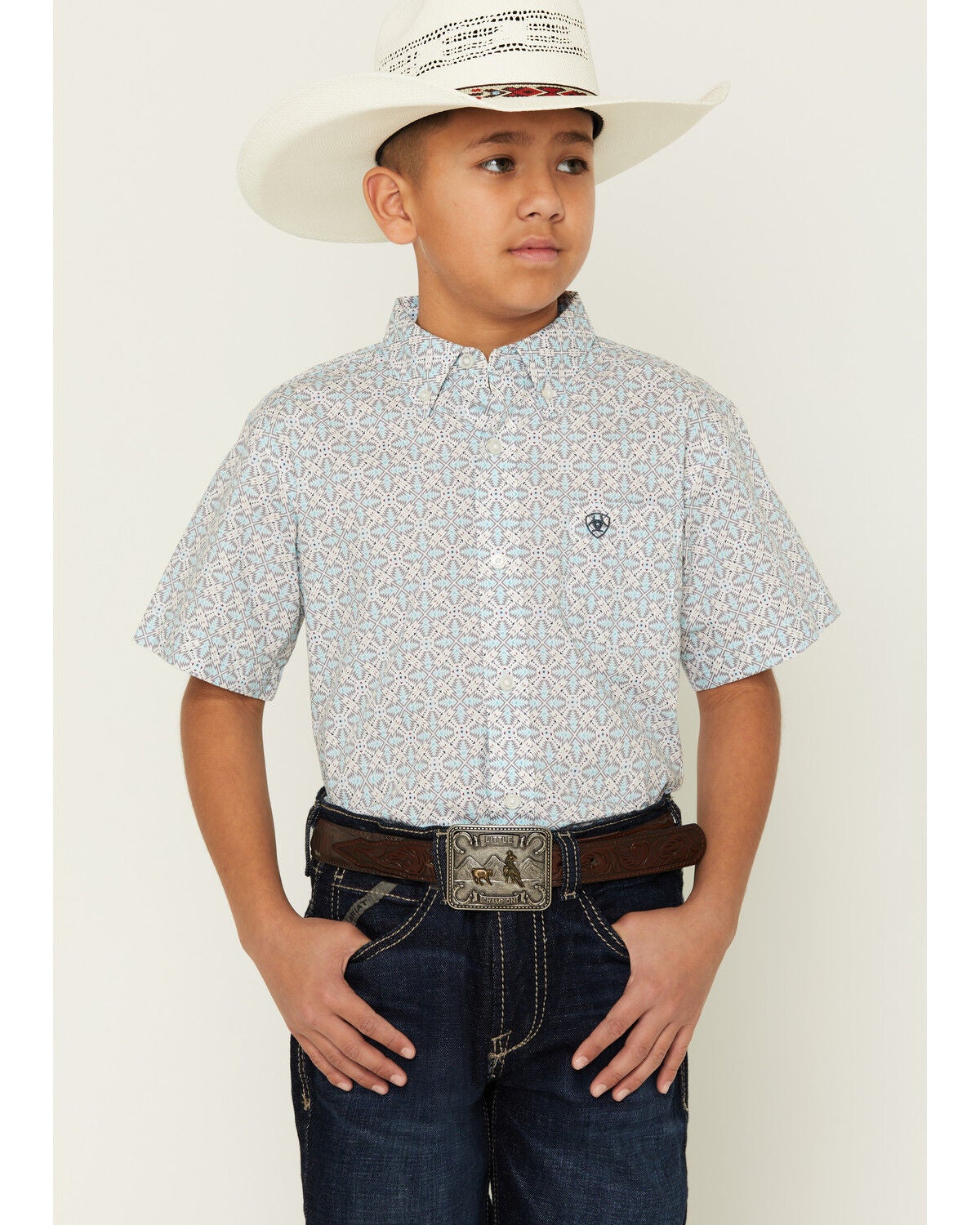 Image #1 - Ariat Boys' Southwestern Geo Print Short Sleeve Button-Down Western Shirt, Multi, hi-res