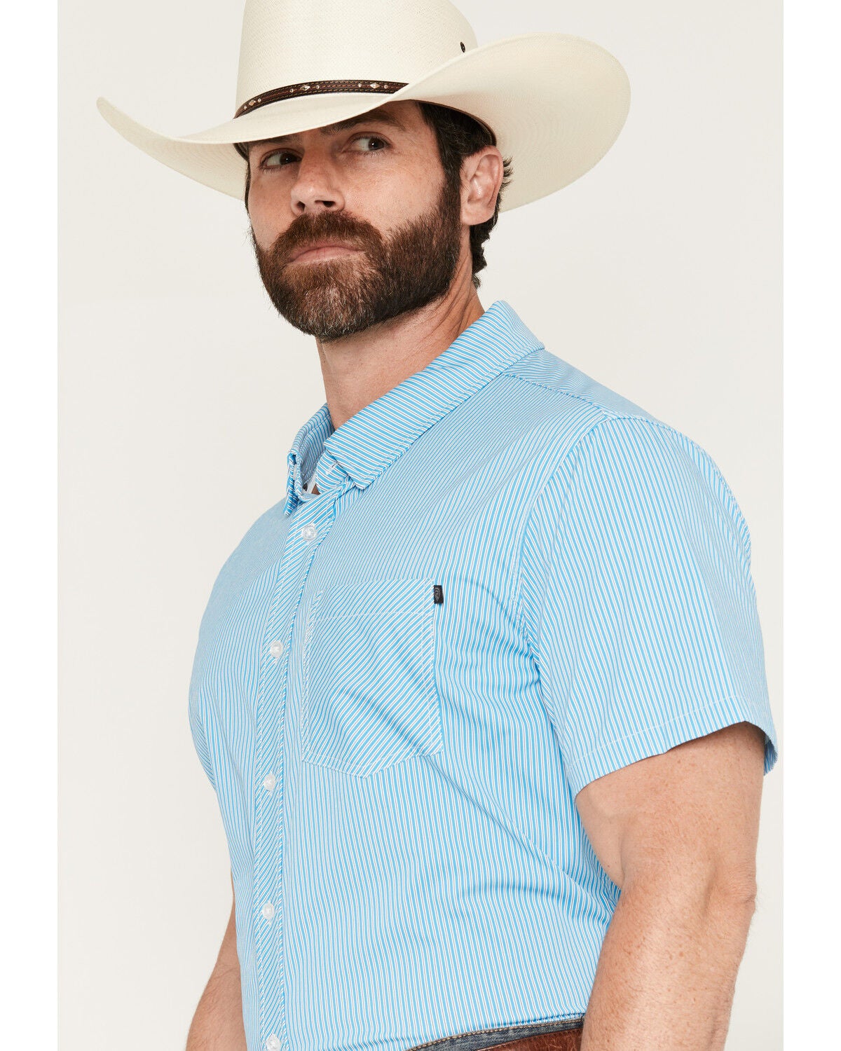 Image #2 - Rock & Roll Denim Men's Tek Core tripe Print Short Sleeve Button-Down Stretch Western Shirt, Blue, hi-res