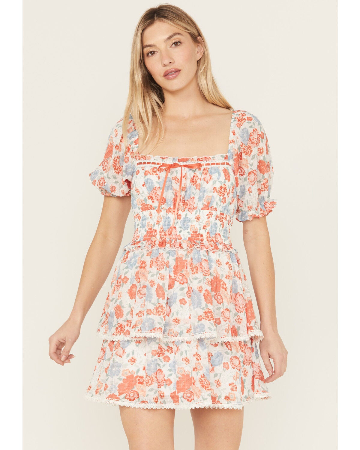 Ash & Violet Women's Floral Print Short Sleeve Lace Trim Mini Dress, Multi, hi-res