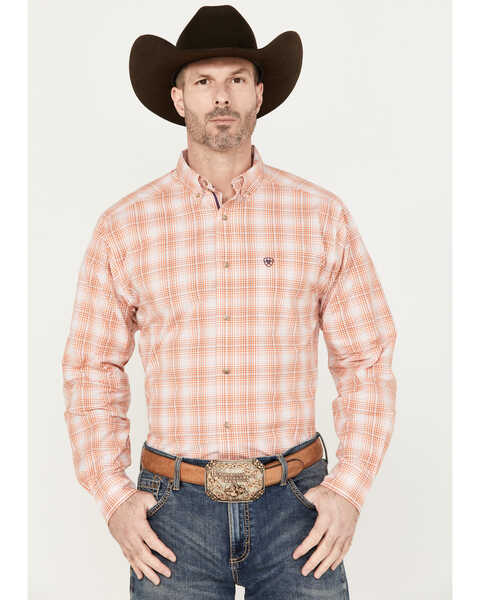 Image #1 - Ariat Men's Manning Plaid Print Button Down Long Sleeve Western Shirt, Orange, hi-res