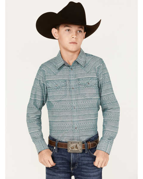 Cody James Boys' Stripe Print Long Sleeve Snap Western Shirt, Blue, hi-res