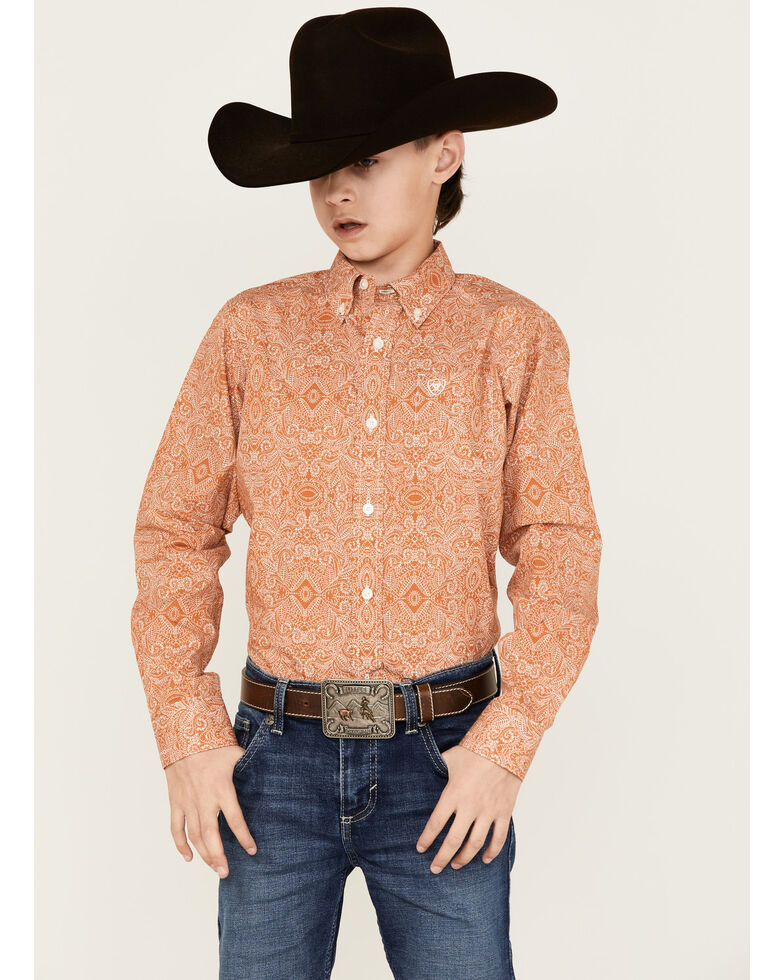 Ariat Boys' Braylon Paisley Print Long Sleeve Button-Down Western Shirt , Tan, hi-res