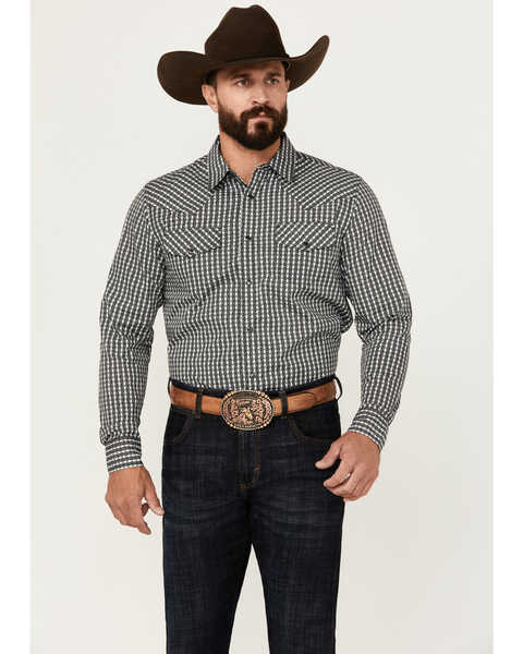 Image #1 - Gibson Trading Co Men's Cube Plaid Print Long Sleeve Snap Western Shirt, Black, hi-res