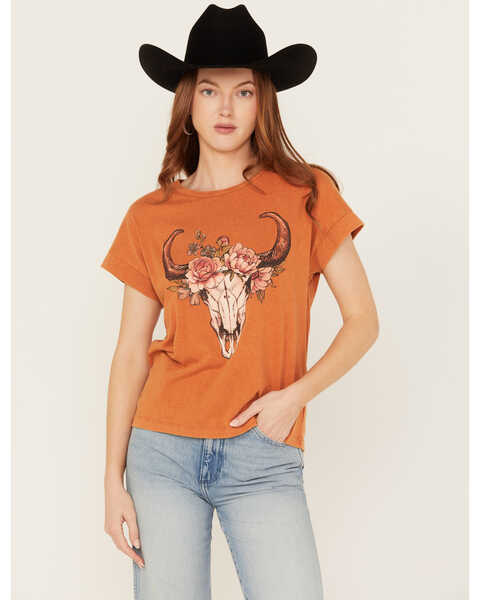 Image #1 - White Crow Women's Floral Steer Head Graphic Tee, Rust Copper, hi-res