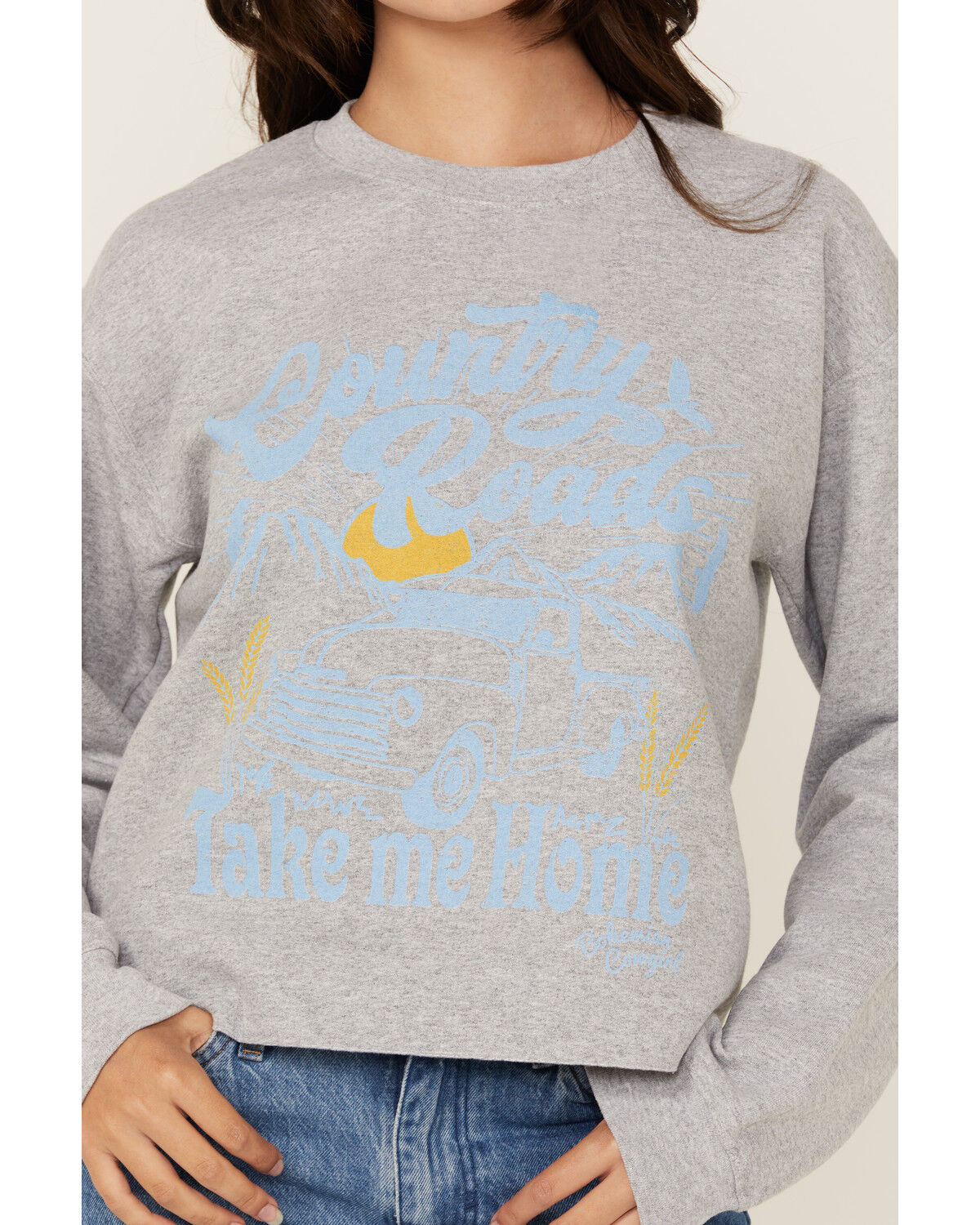 Image #3 - Bohemian Cowgirl Women's Country Road Cropped Sweatshirt, Grey, hi-res