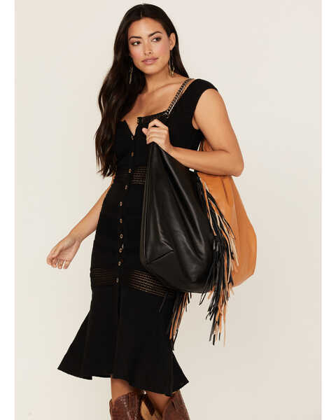 Understated Leather Women's Oversized Fringe Shoulder Bag, Black/tan, hi-res