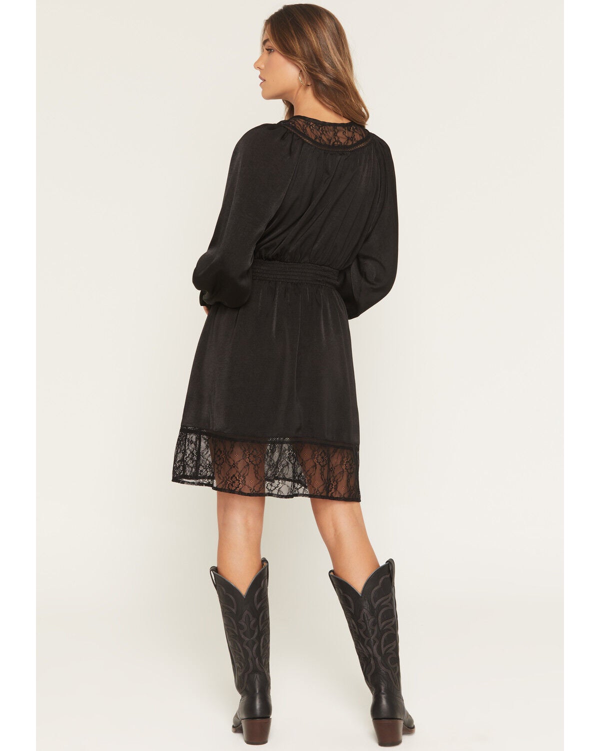 Image #4 - Miss Me Women's Long Sleeve Lace Trim Mini Dress, Black, hi-res