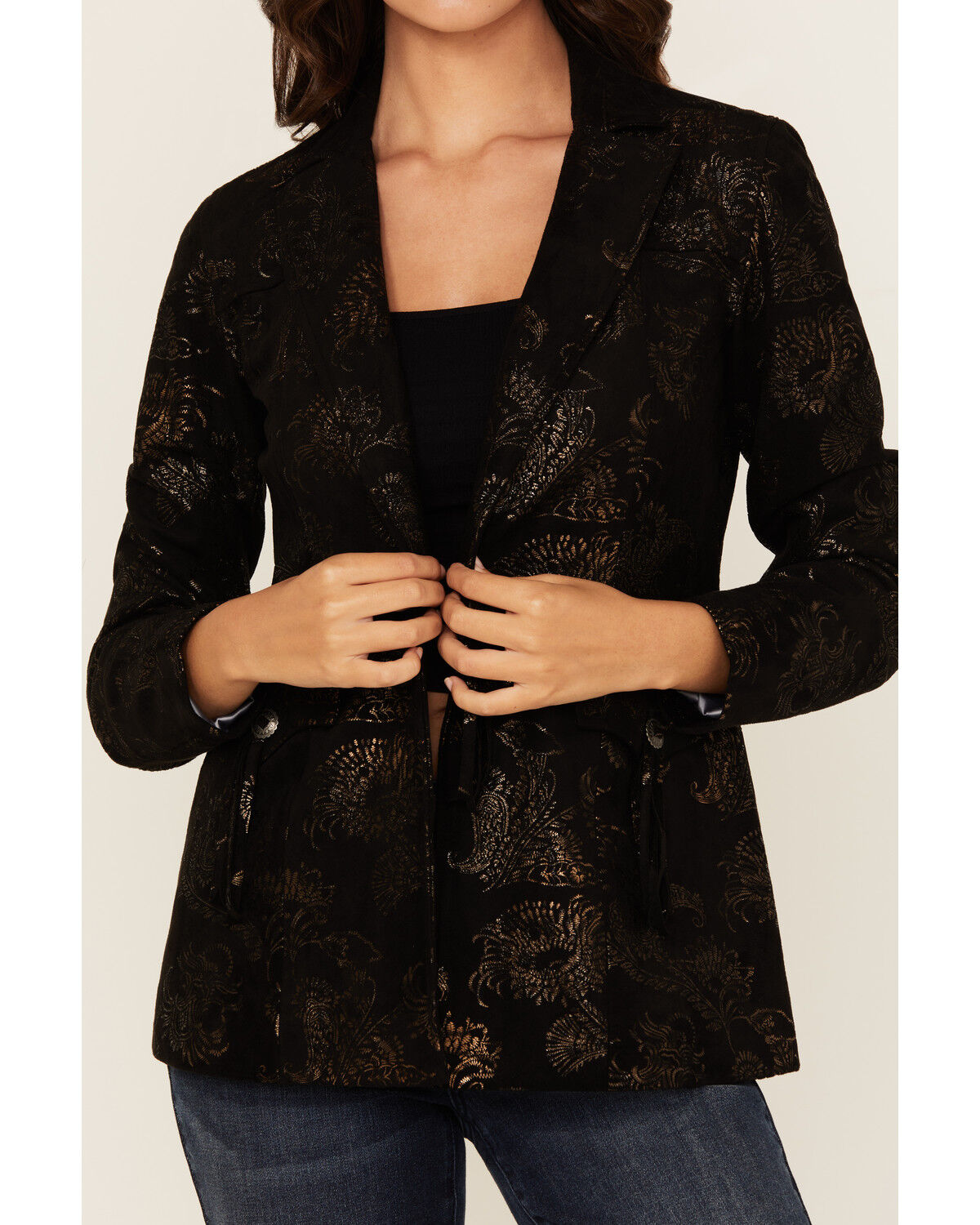 Image #3 - Shyanne Women's Metallic Printed Faux Suede Blazer, Black, hi-res