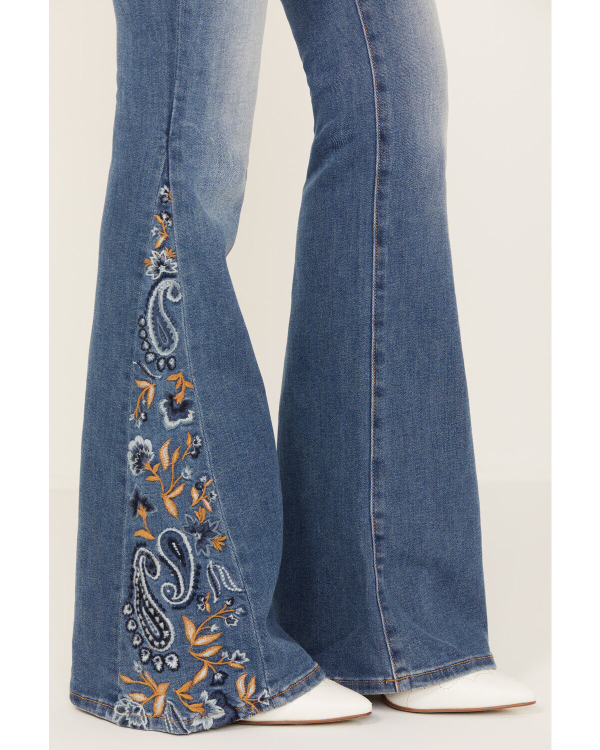 Image #2 - Driftwood Women's Medium Wash High Rise Flare Paisley Hem Jeans, Medium Wash, hi-res