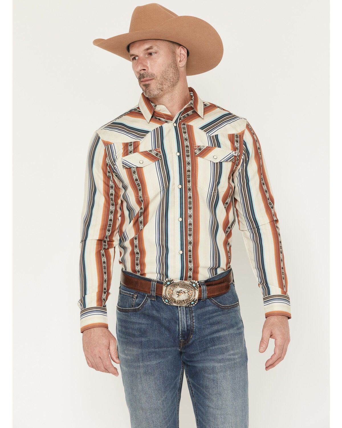 Image #1 - RANK 45&reg; Men's Range Rider Striped Long Sleeve Snap Performance Western Shirt, Ivory, hi-res
