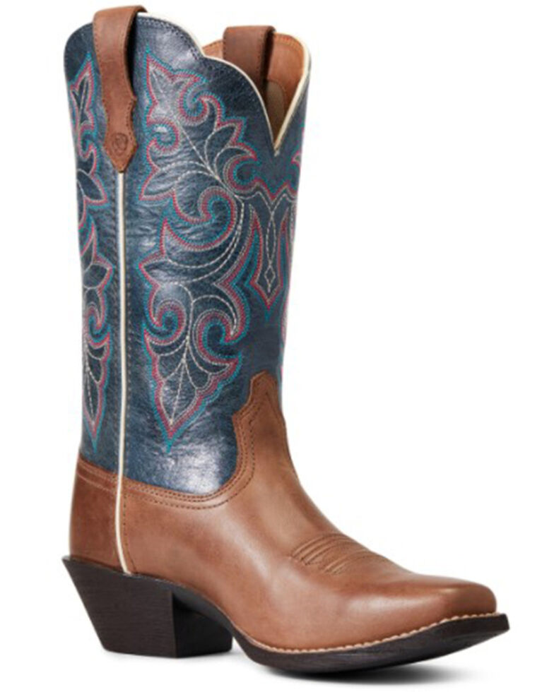 Ariat Women's Round Up Full-Grain Leather Storming Brown & Singing The Blues Western Boot - Square Toe , Brown, hi-res